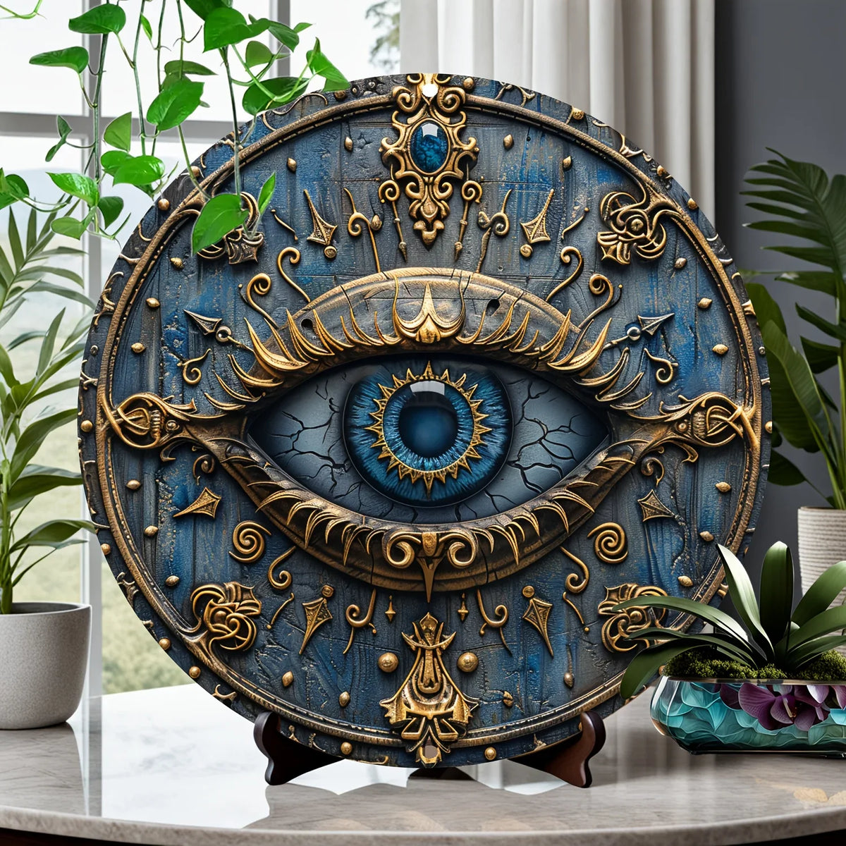 A large, ornate metal wall art decoration shaped like an ancient Egyptian all-seeing eye with gold accents on a blue backgrou