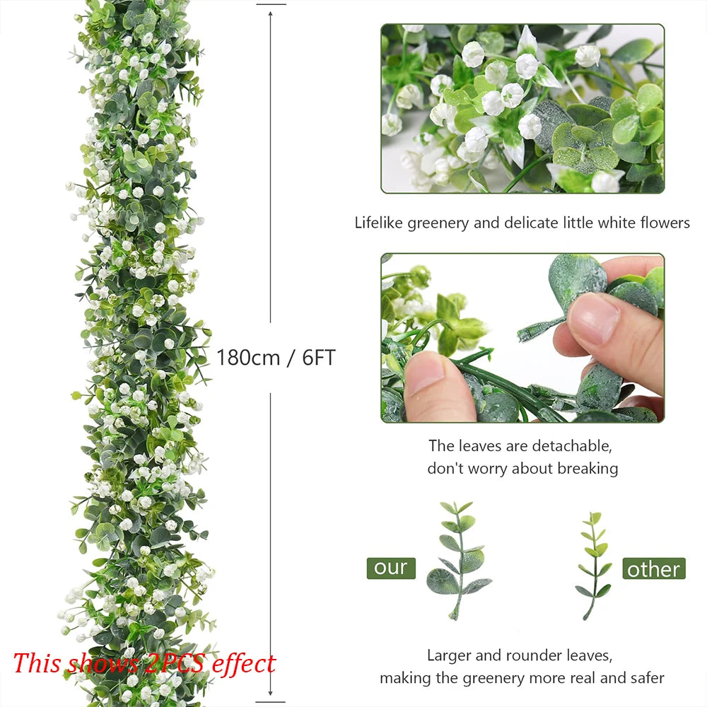Artificial eucalyptus vine garland featuring delicate white flowers and green leaves