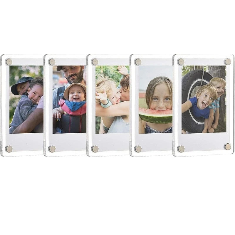 A set of clear acrylic photo fridge magnets featuring Polaroid-style frames with various people's faces.
