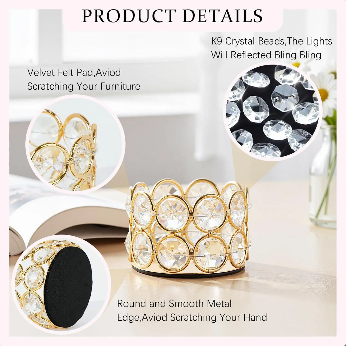 A set of crystal gold votive candle holders with round and smooth metal edges for decoration