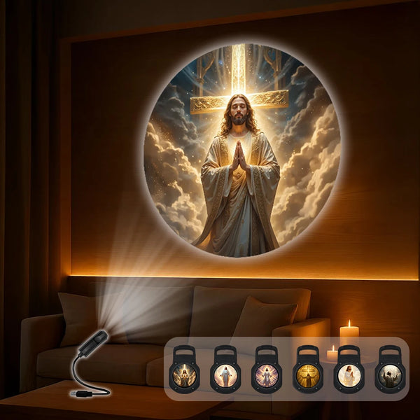 A projector casts a glowing image of Jesus on a cross surrounded by six patterns of God and Jesus.