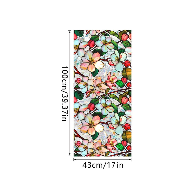 Botanical print static cling window film featuring pink and white blossoms on green branches