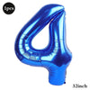 A shiny blue foil balloon shaped like the number 4, measuring 32 inches.