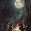 A dark, atmospheric painting of a forest under a large moon with figures resembling witches or demons in the foreground.
