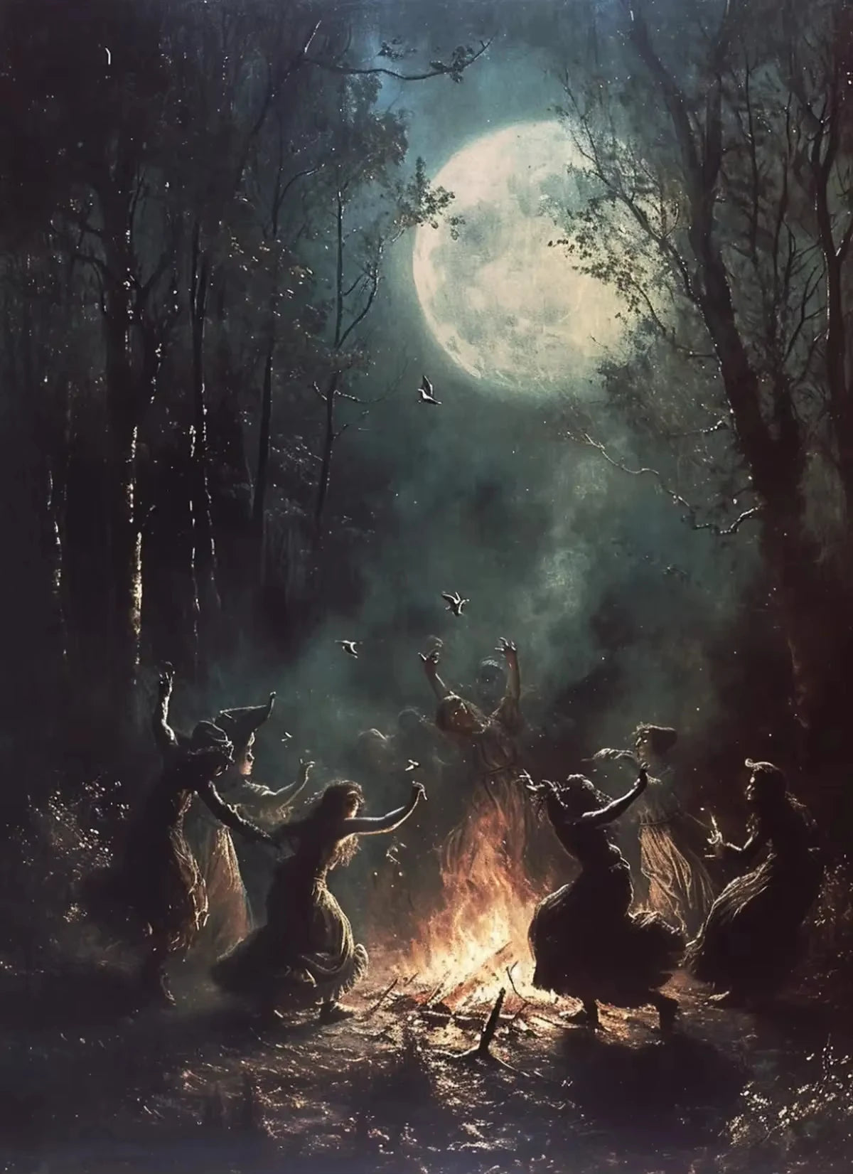 A dark, atmospheric painting of a forest under a large moon with figures resembling witches or demons in the foreground.