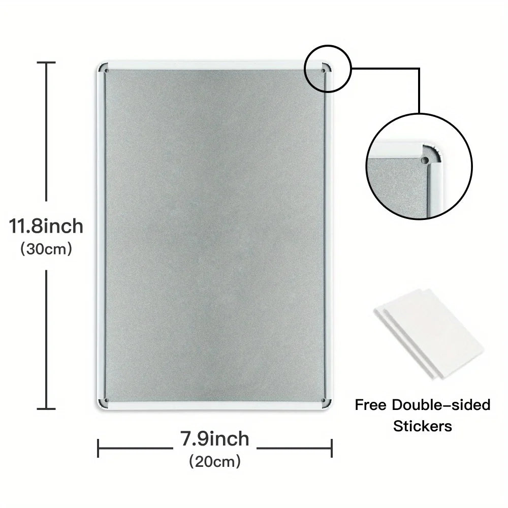A rectangular silver metal tin sign with a clear acrylic border and double-sided stickers.