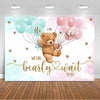 A gender reveal backdrop featuring light blue and pink balloons tied with string, a teddy bear, and text that reads He or She