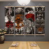 A set of four Japanese samurai ukiyo-e tiger canvas wall art prints with wooden hanging scrolls displayed on a gray wall.