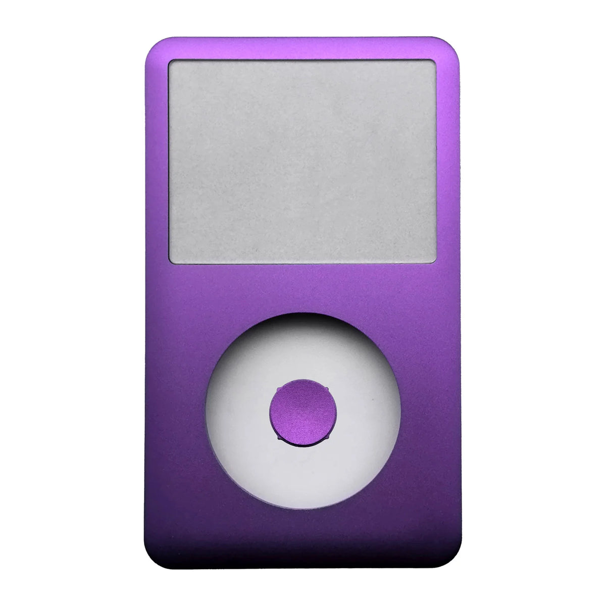 A purple iPod with the front faceplate removed, showing the clickwheel assembly.