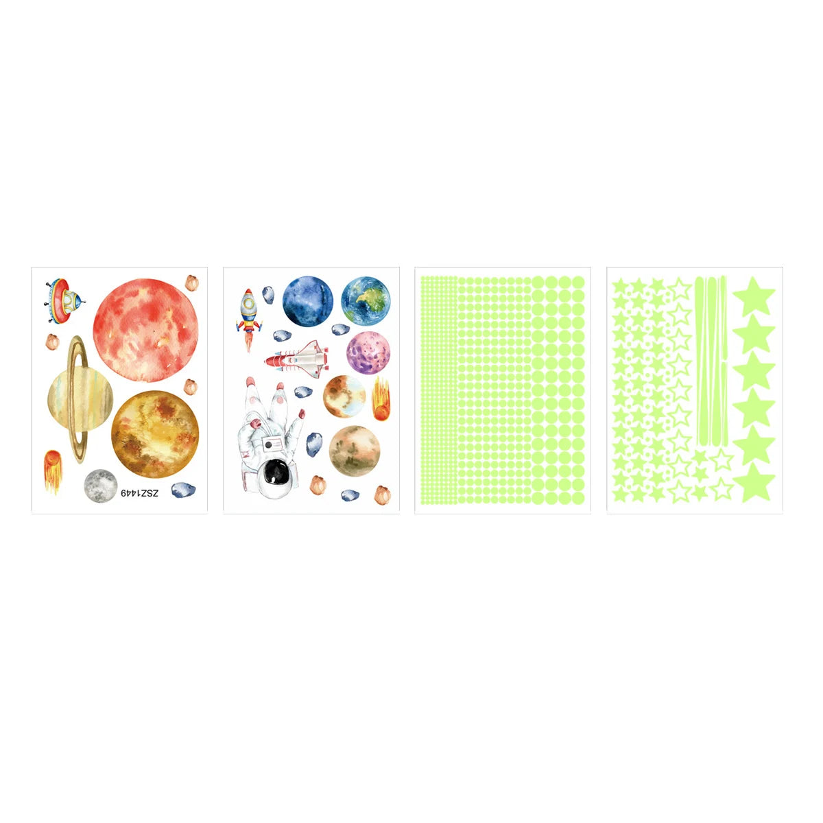 A set of glow in the dark star wall decals featuring various celestial bodies and patterned designs.