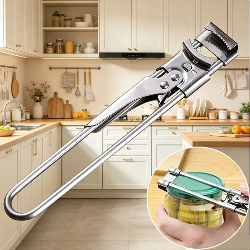 A heavy duty stainless steel bottle opener is shown next to a glass jar.