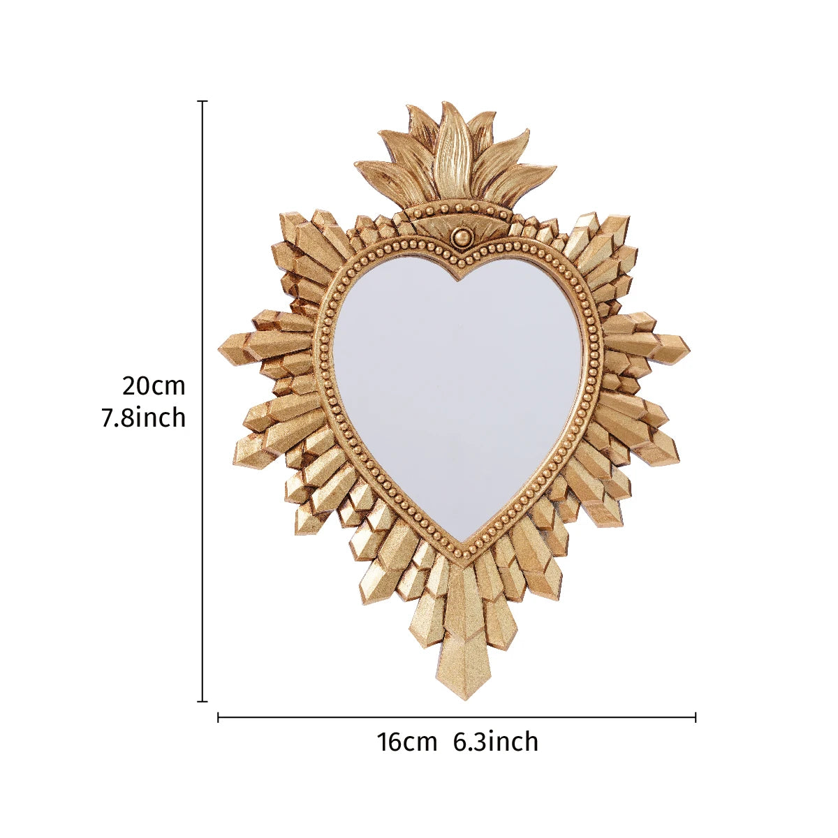 Golden flame sacred heart wall pendant with resin finish featuring a heart-shaped mirror design