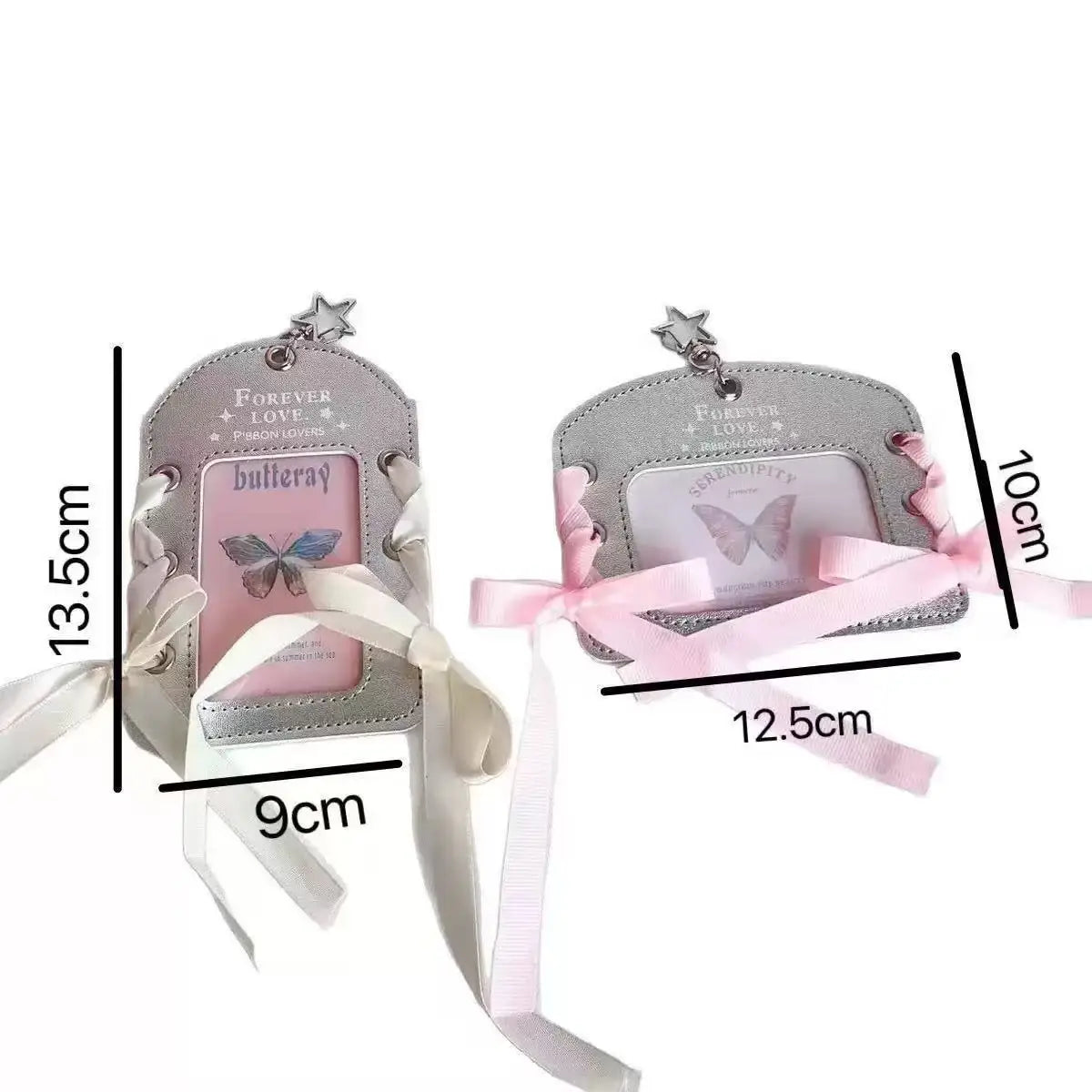 A silver lace PU card holder with a butterfly charm and pink ribbon bow keychain.