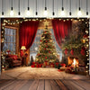 Festive Christmas tree decorated with lights and gifts in a rustic fireplace setting