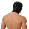 A black faux leather hood mask is shown on a person's head and neck, viewed from the side.