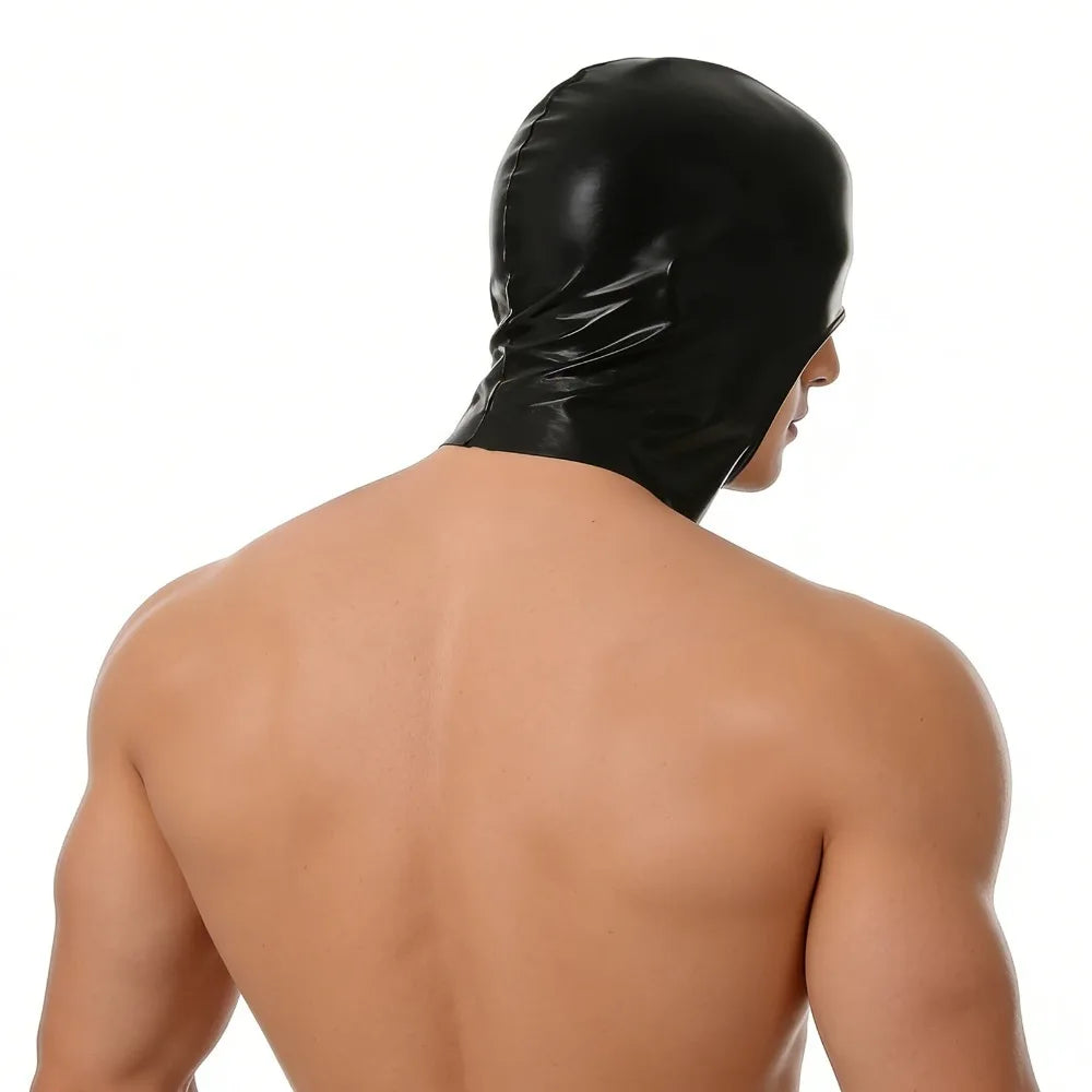 A black faux leather hood mask is shown on a person's head and neck, viewed from the side.