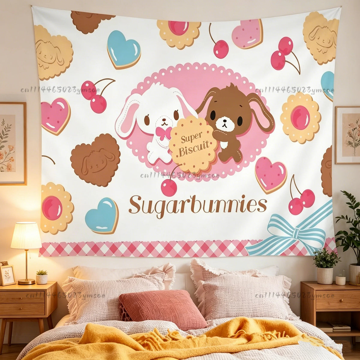 A pink and white tapestry featuring cute bear characters and cherries for room decor.