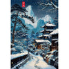 Ukiyo-e anime city street canvas wall art depicting a snowy winter landscape with traditional Japanese architecture and trees