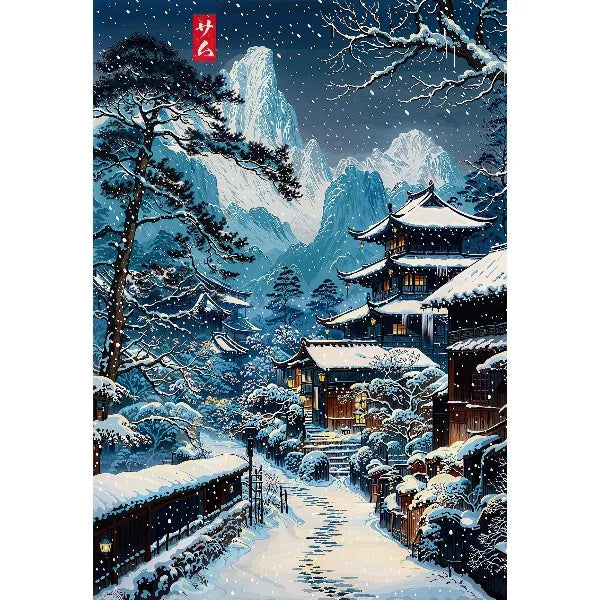 Ukiyo-e anime city street canvas wall art depicting a snowy winter landscape with traditional Japanese architecture and trees