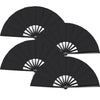 A black folding hand fan in a three-pack arrangement.