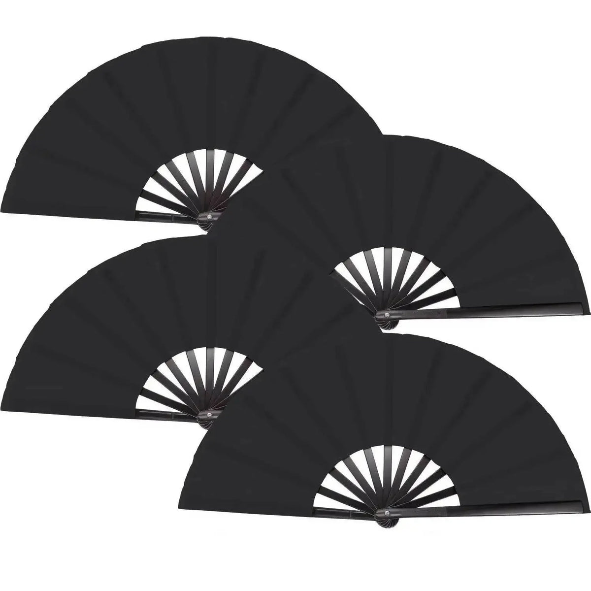 A black folding hand fan in a three-pack arrangement.