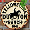Vintage metal wall sign featuring a silhouette of a cowboy riding a horse and the text Yellowstone Dutton Ranch 7.9 Ranch 789