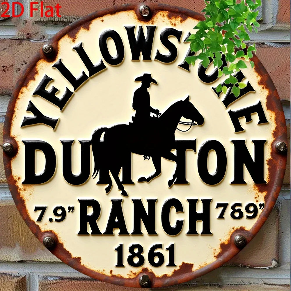 Vintage metal wall sign featuring a silhouette of a cowboy riding a horse and the text Yellowstone Dutton Ranch 7.9 Ranch 789