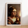 A painting of a woman with brown hair looking to the side, holding a cigarette, framed in a wooden border.