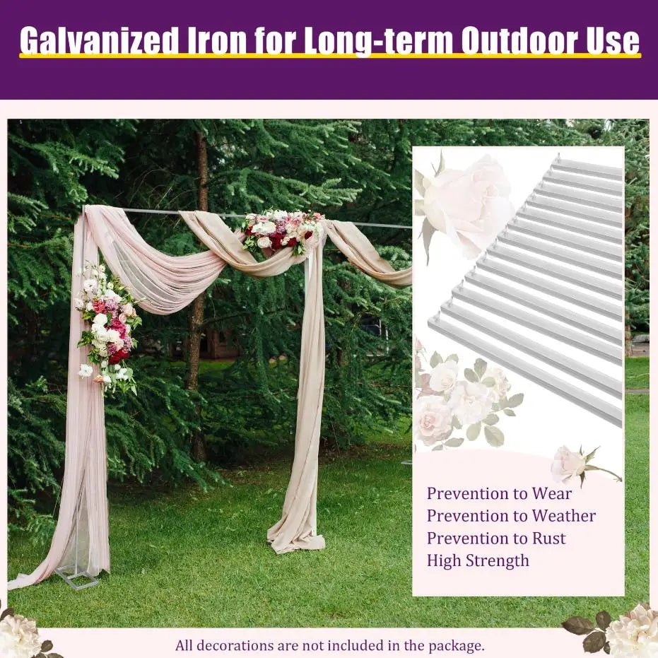 A galvanized iron wedding arch backdrop frame draped with pink fabric in an outdoor garden setting.