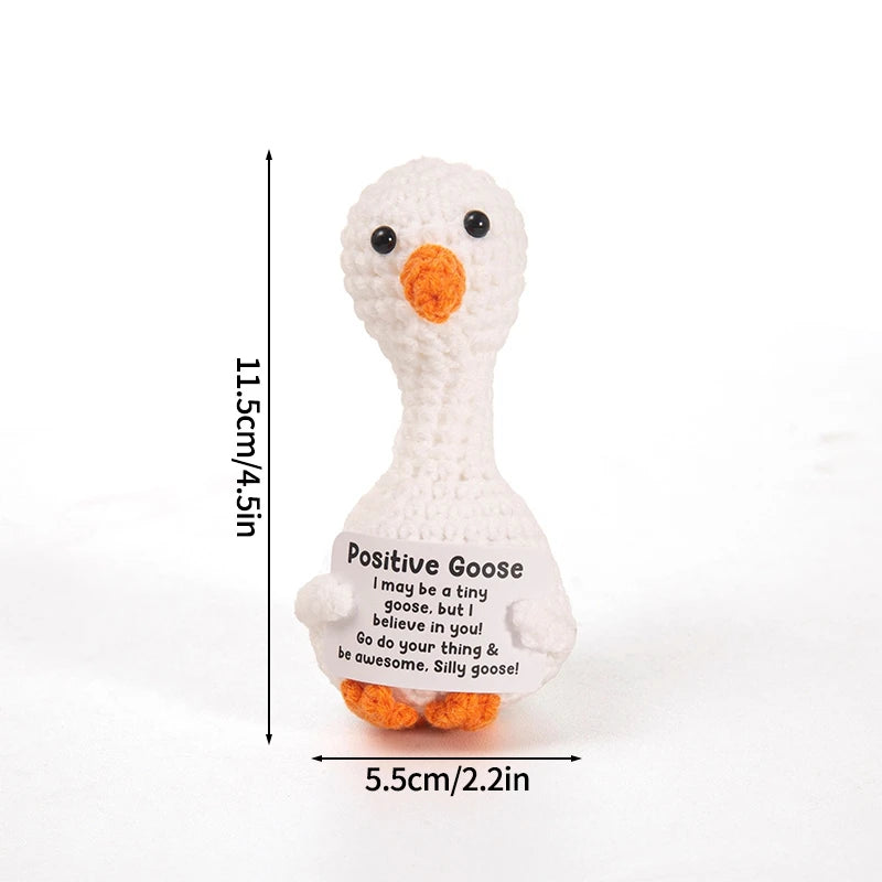 Handmade crochet positive goose doll with an inspirational slogan on the body