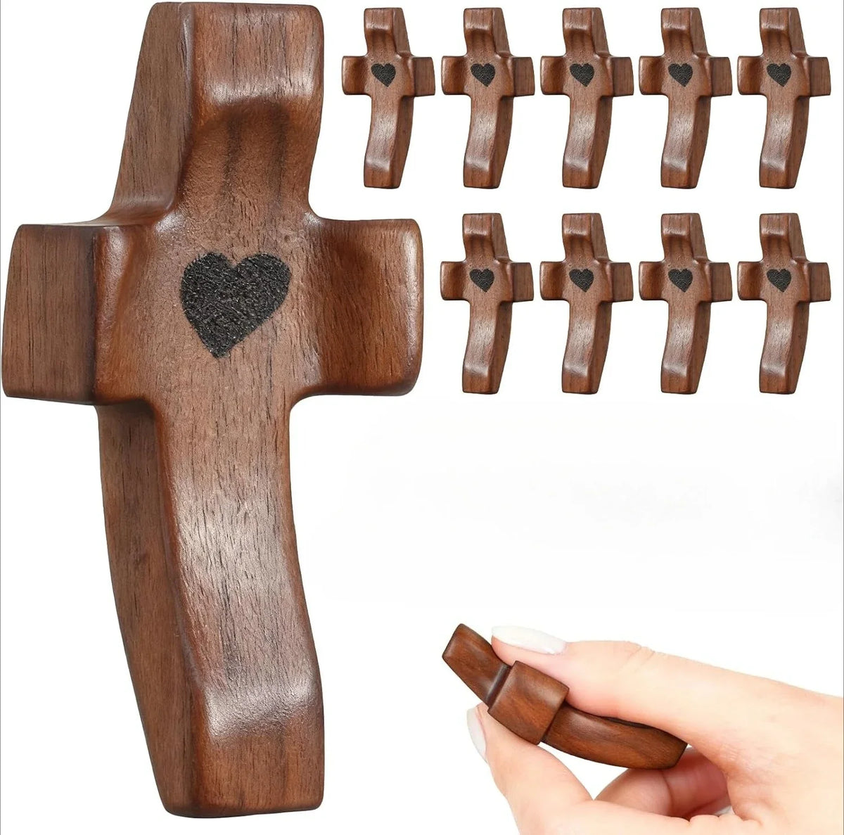 Handcrafted Wooden Pocket Cross with Heart Motif for Prayer and Stress Relief