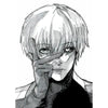 A black and white illustration of a character with light hair and intense eyes, possibly from the Tokyo Ghoul anime.