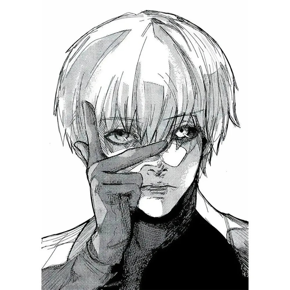 A black and white illustration of a character with light hair and intense eyes, possibly from the Tokyo Ghoul anime.