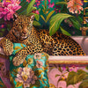 A vibrant painting of a leopard resting on a floral background with lush green leaves and pink flowers.