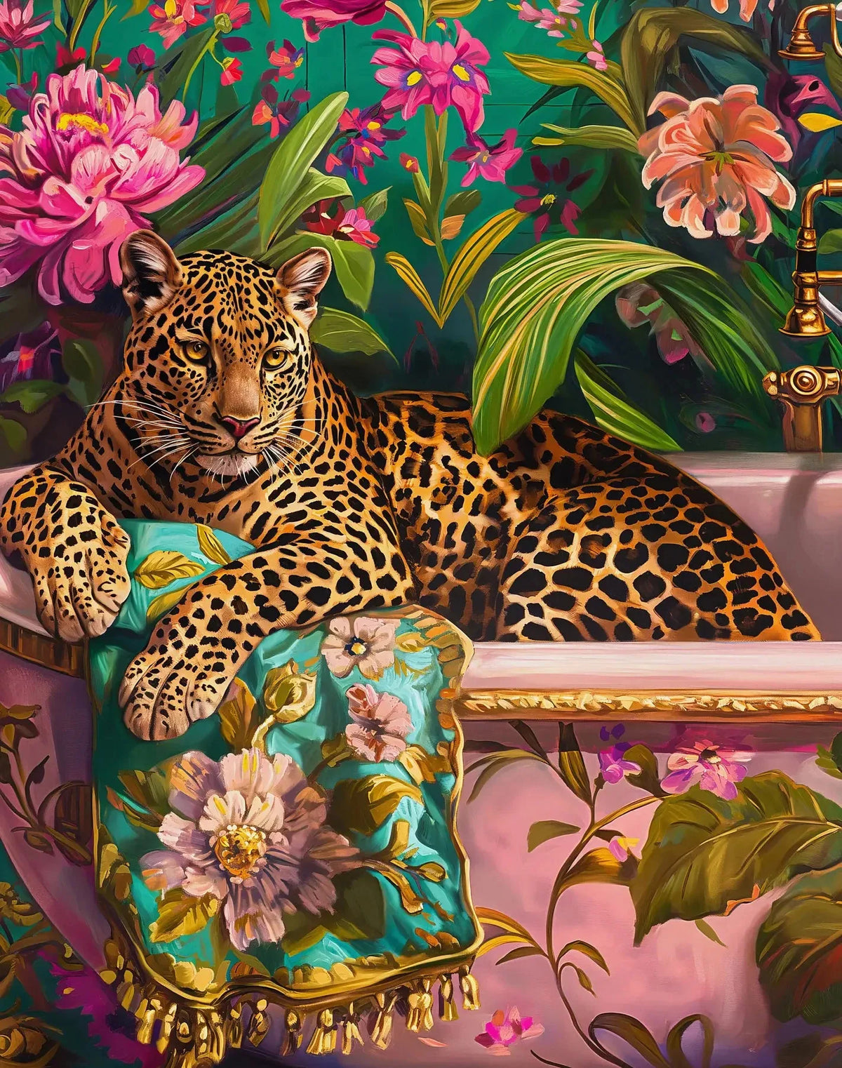 A vibrant painting of a leopard resting on a floral background with lush green leaves and pink flowers.