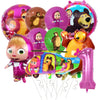 A set of pink and brown Masha and Bear themed party decorations including balloons and a character figure.