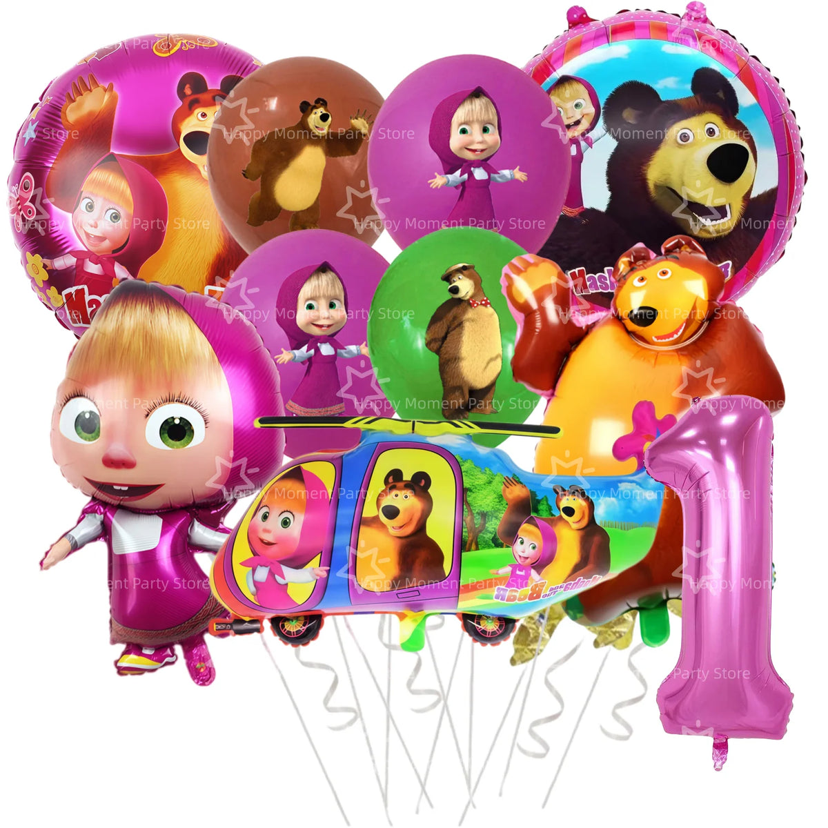 A set of pink and brown Masha and Bear themed party decorations including balloons and a character figure.