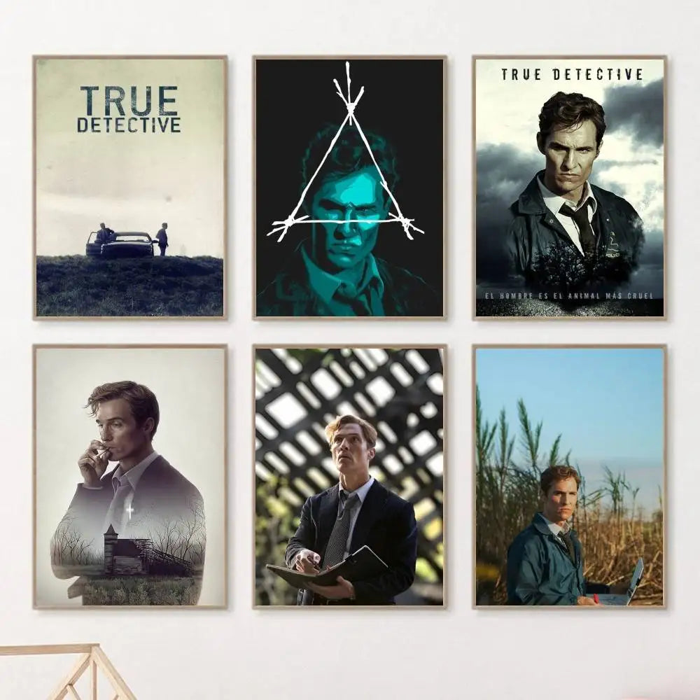 A set of six movie posters featuring characters and titles from True Detective