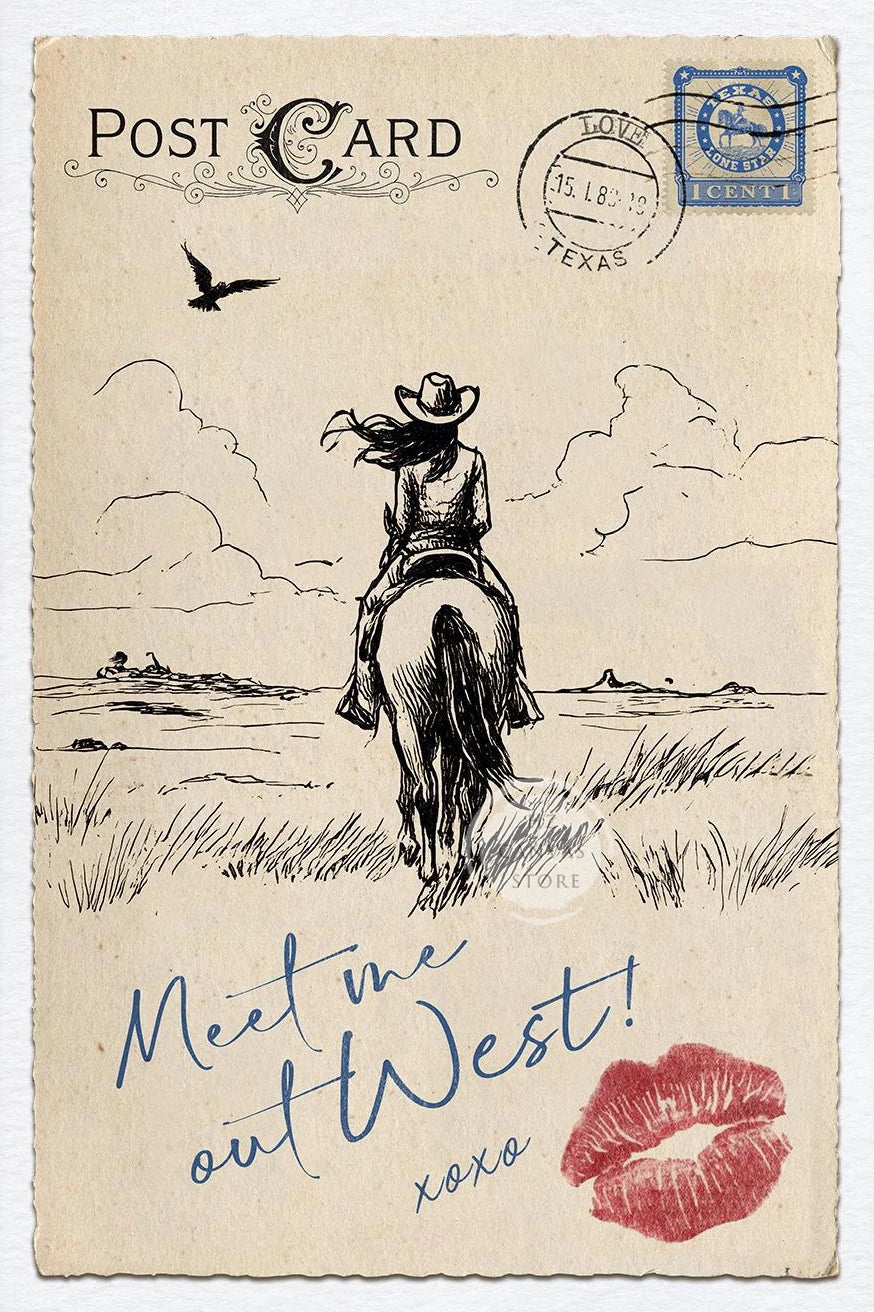 A vintage postcard illustration of a cowgirl riding, with text that reads Meet me out West!
