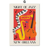 Abstract wall art featuring musical instruments like a saxophone, guitar, and cello in vibrant colors against a red backgroun