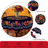 Vibrant Mexican Carnival printed tablecloth displayed on a table with floral centerpiece and care instructions.