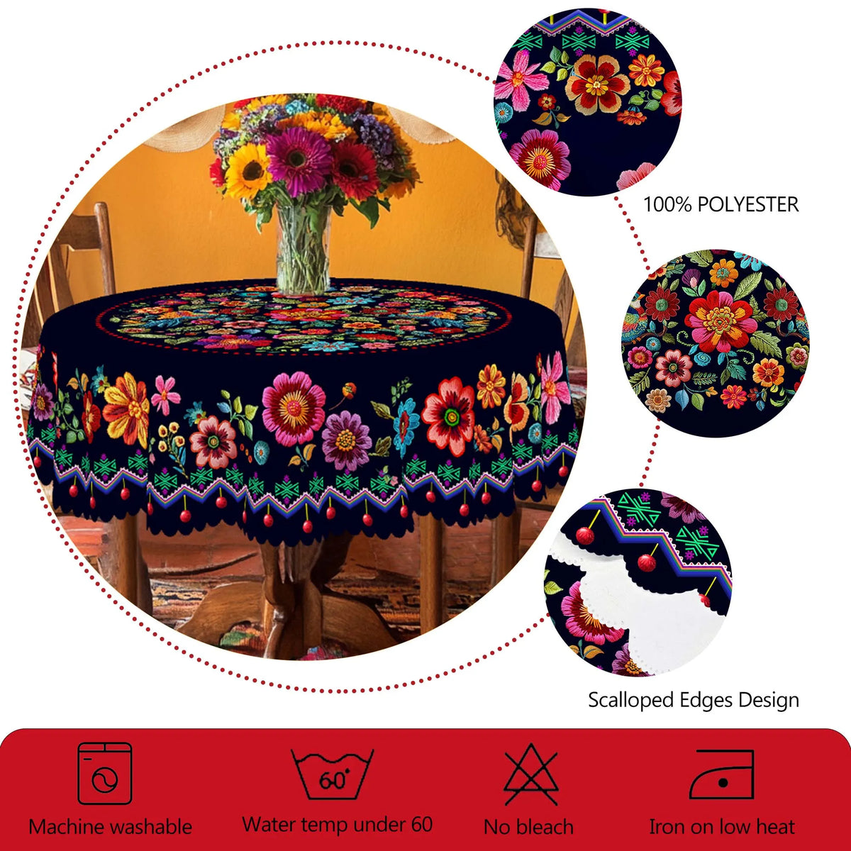 Vibrant Mexican Carnival printed tablecloth displayed on a table with floral centerpiece and care instructions.