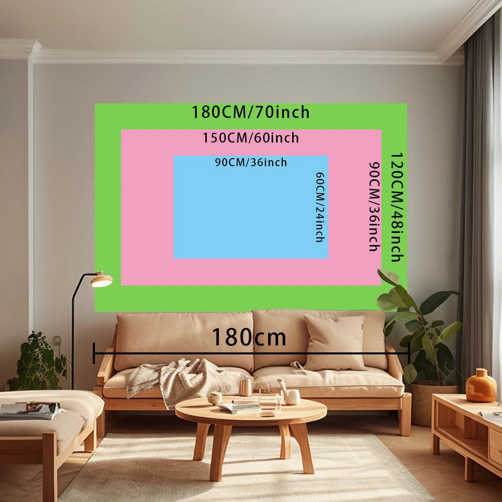 A beige sofa and wooden coffee table are set in a bright room with a large green framed tapestry displaying various size opti
