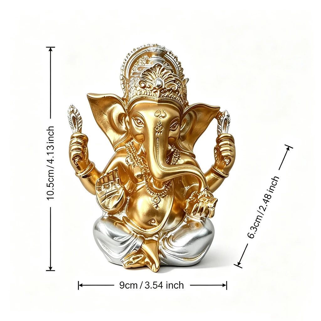 Golden Ganesha statue made of resin depicting the Hindu elephant god in a seated posture