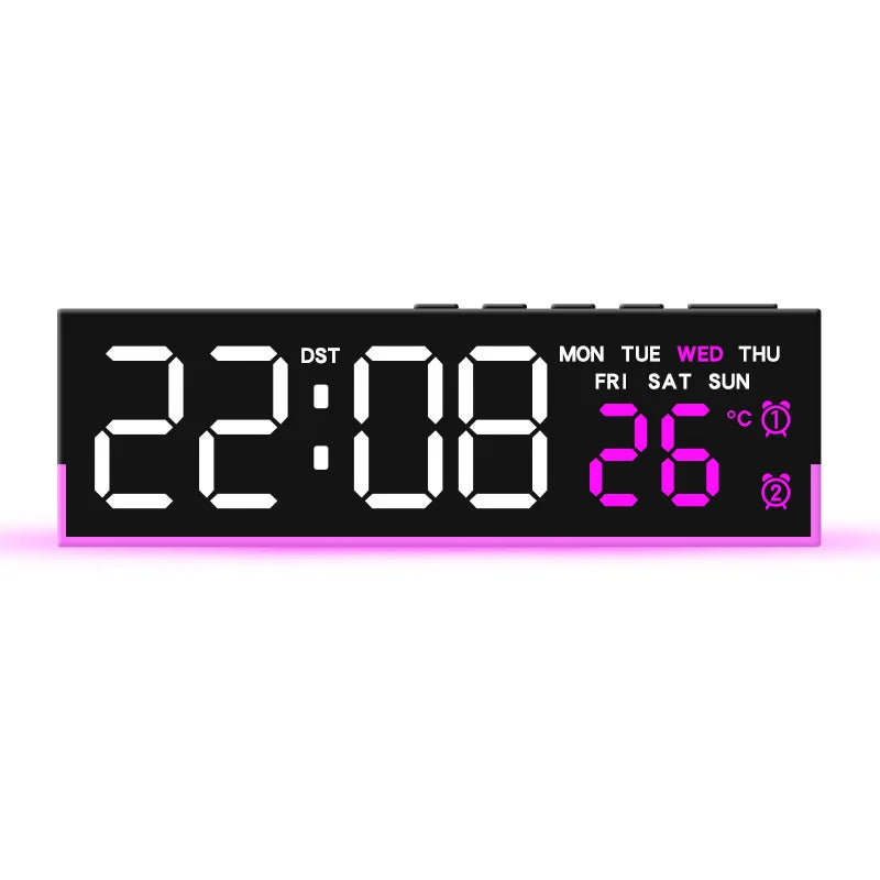 A digital LED alarm clock displaying the time 22:08 and the temperature 26 degrees with ambient mood lighting.