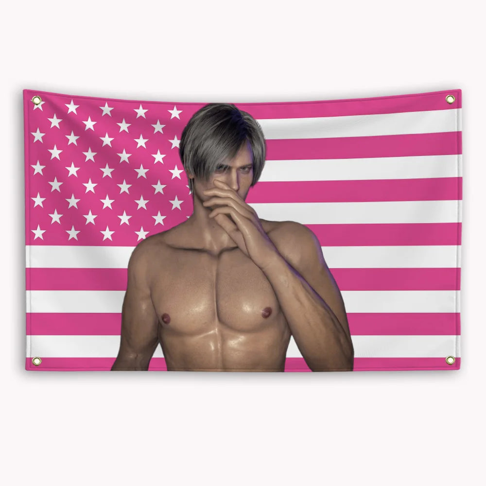A muscular man with gray hair touches his face against a pink and white striped American flag banner.