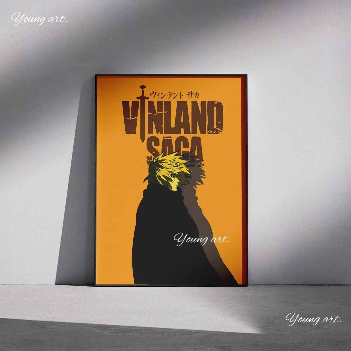 A vertical canvas wall art print featuring a silhouette of a character in a dark coat against an orange background with Japan