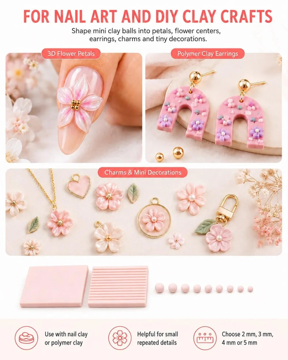 A collection of pink and white polymer clay beads, flowers, charms, and decorations for nail art and DIY crafts.