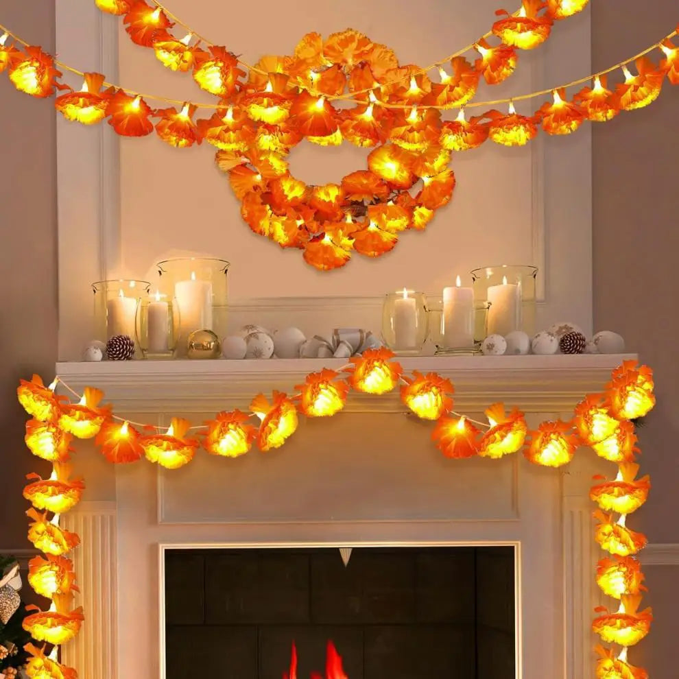 String lights shaped like marigolds decorating a fireplace mantel and surrounding decor