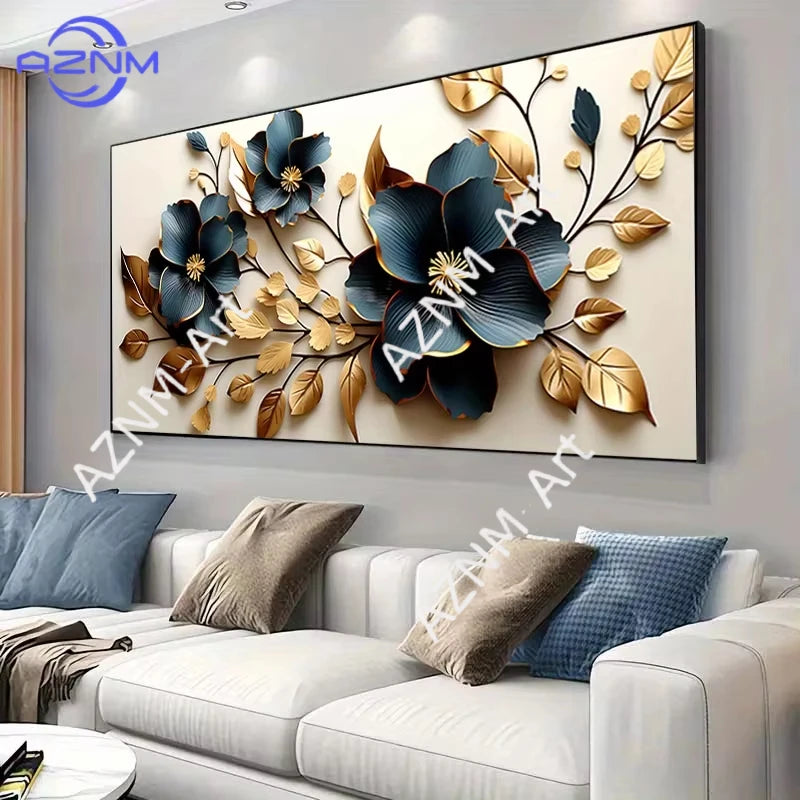 A canvas art print featuring golden and blue floral branches on a light background.
